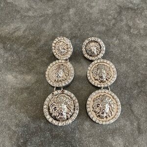 Silver Lion Medallion Drop Earrings